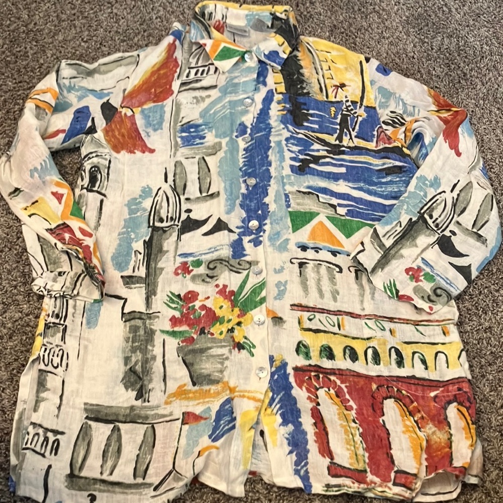 Chico's Multicolor Abstract Linen Button Down Shirt Sz 2